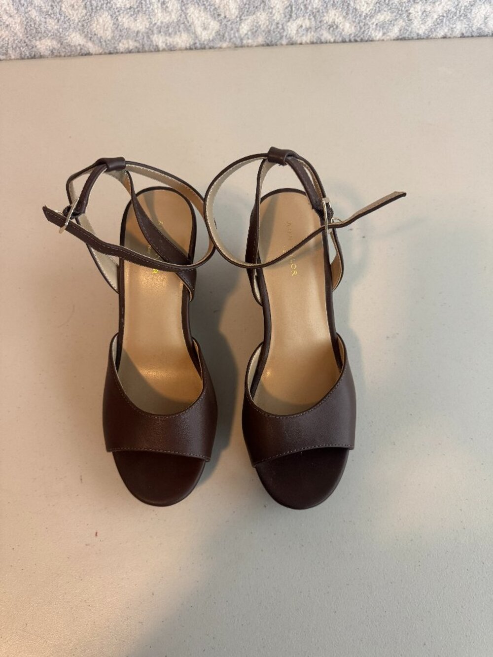 Ann Taylor Factory Brown Faux leather women's ankle strap wedge sandals size 8